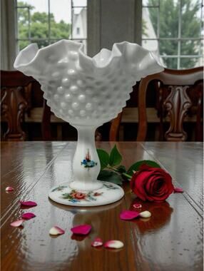 Vintage Fenton Hobnail Milk Glass Compote Hand Painted Signed Roses